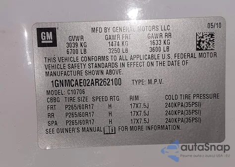 2010 Chevrolet Tahoe Ls z USA, uszkodzony, nr VIN 1GNMCAE02AR262100